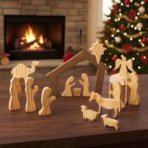 Wooden Nativity Set  Nativity sets & figures | Xmas nativity set  christian christmas decor  Christmas Dcor 2025  Natural Solid Wood Tabletop  Xmas christian set (Risen)