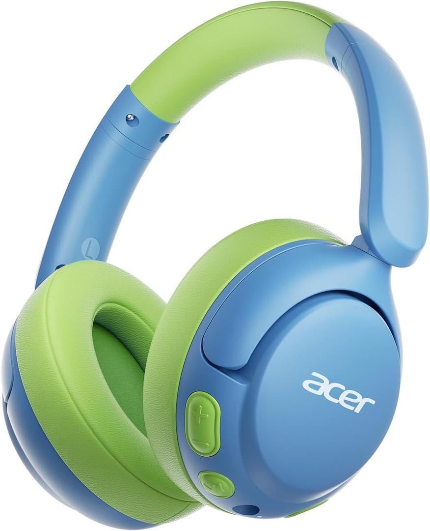 acer Kids Bluetooth Headphones, 85dB Volume Limiter, Foldable Wireless Over-Ear Headphones for iPad, Travel, 75H Playtime, Bluetooth 5.4, Built-in Mic, Blue Green