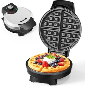 Waffle Maker, 7 Round Classic Belgian Waffle Iron, Adjustable Browning Control, Easy-Clean Nonstick Plates & Cool Touch Handle, Space Saving Storage, Stainless Steel (Black)