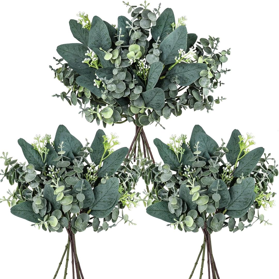 Winlyn 20 Pcs Mixed Artificial Oval Eucalyptus Leaves Bulk with White Seeds Stems and Spray for Vase Floral Wreath Bouquets Wedding Greenery Decoration