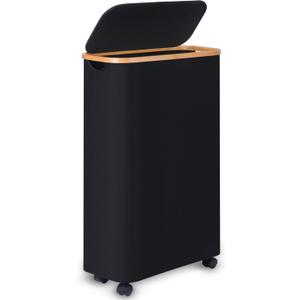 Slim Laundry Hamper with Wheels,Narrow Hampers for Laundry,Freestanding Laundry Basket with Lid&Bamboo Handles,Collapsible & Waterproof Tall Cloth Hamper for Dorm Family(60L,Black)
