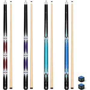 Set of 4 58" 2-Piece Maple Pool Cues, 13mm Tip, Unwrapped Grip | Smooth handle for a clean, direct feel. 4 billiard sticks in mixed colors 18-21oz for home bar, commercial & family