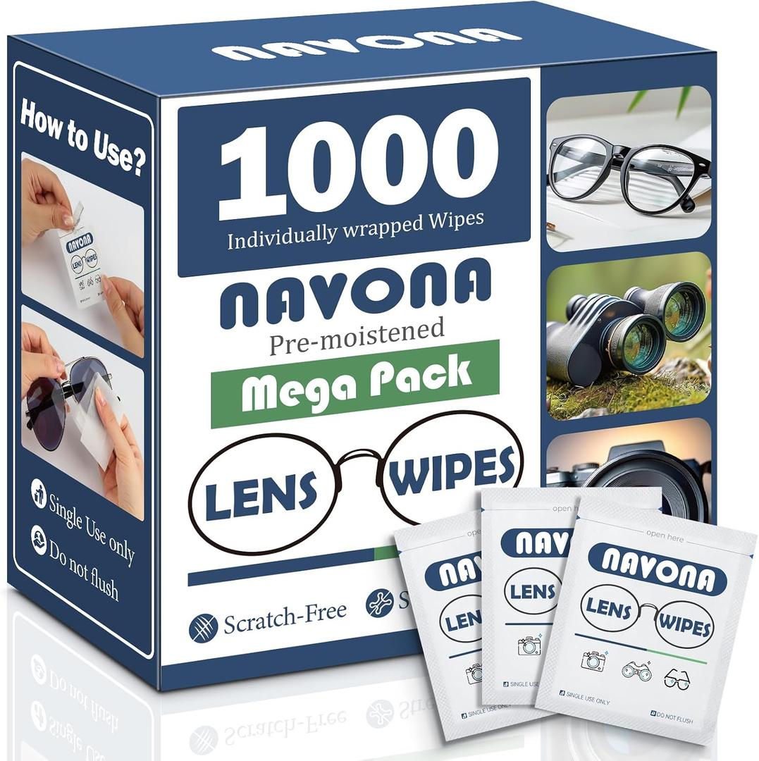 1000 Count Lens Wipes for Eyeglasses Pre-Moistened, Individually Wrapped Eyeglass Cleaning Wipes Scratch-Free, Streak-Free Glasses Cleaner Wipes for Sunglasses & Camera Lens Bulk Pack
