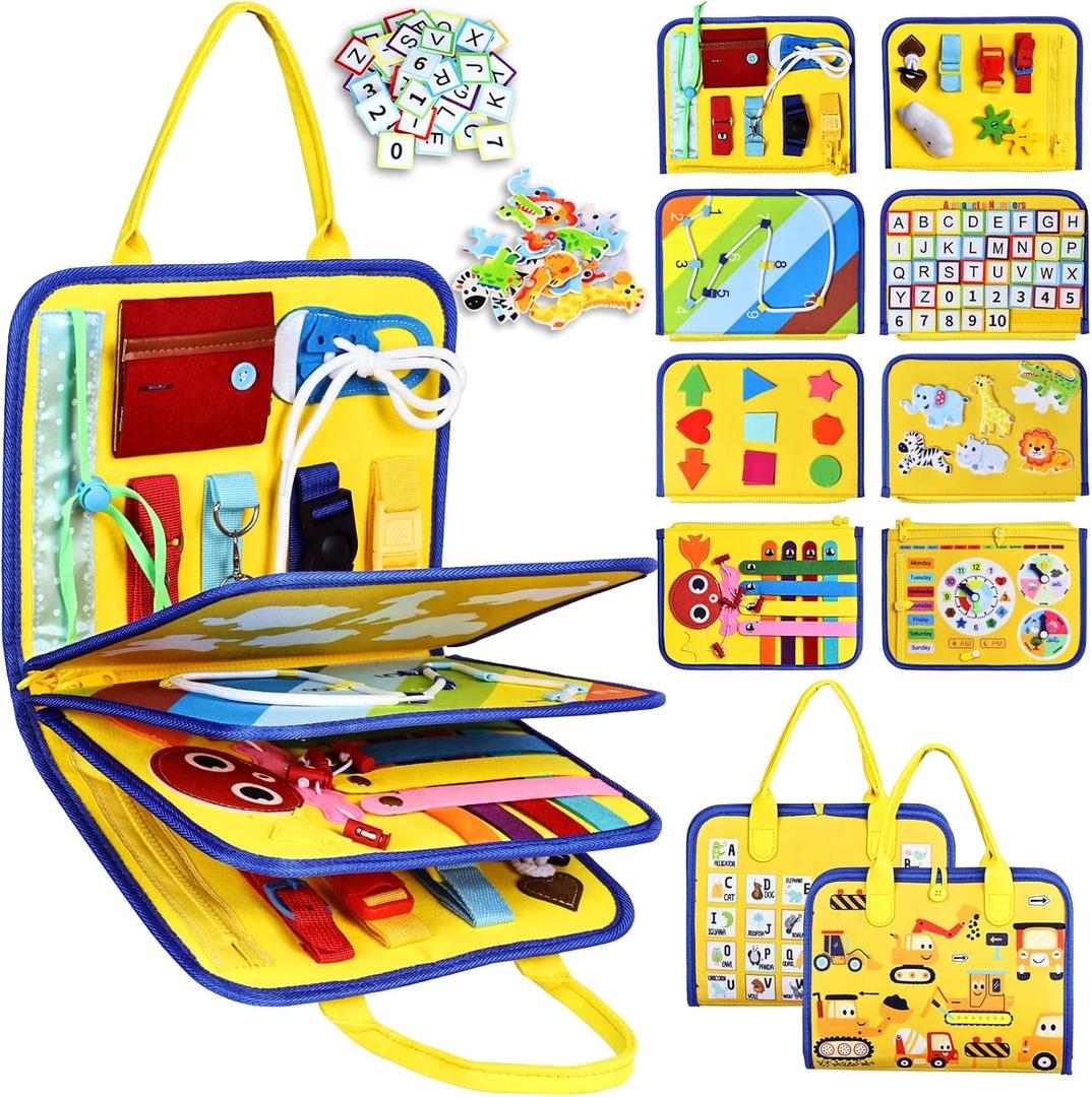 Esjay Toddler Busy Board Montessori Toys, Sensory Board Educational Activities for Learning Fine Motor Skills, Gifts for Girls Boys Toddlers, Travel Toys for Airplane Car,Yellow Truck