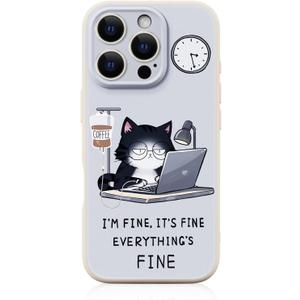 Silicone Phone Case for iPhone 16 Pro Max Compatible with Magsafe, Cute Coffee Dringking Cat Funny Anime Design Shock Proof Heavy-Duty Protection for Cat Lovers Women Men (White)