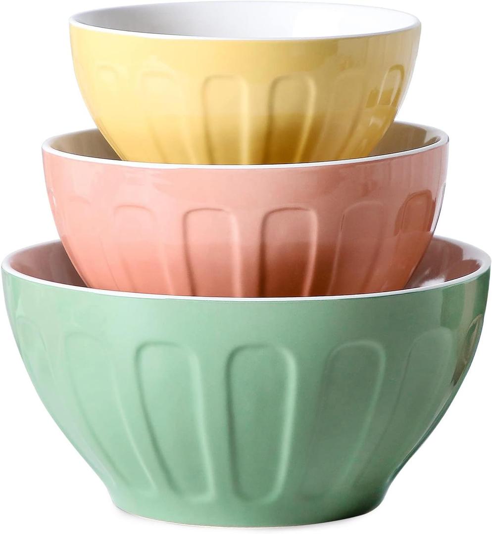Lareina Ceramic Mixing Bowls for Kitchen, Large Nesting Mixing Bowl Set for Serving, Baking, Food Prepping, Cooking, Salad, Sourdough, Gift, Microwave Safe, Big 3.2/1.7/1.2 Qt, Set of 3, Pastel Color (Yellow/Pink/Green)