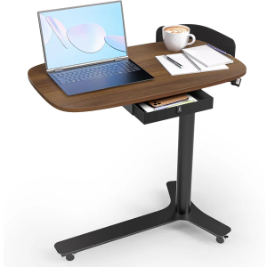 Rolling Adjustable Height Desk with Drawer and Wheels, Portable Small Standing Desk Pneumatic for Home Office, Mobile Computer Laptop Desk Cart, Medical Sofa Overbed Table, Black Walnut