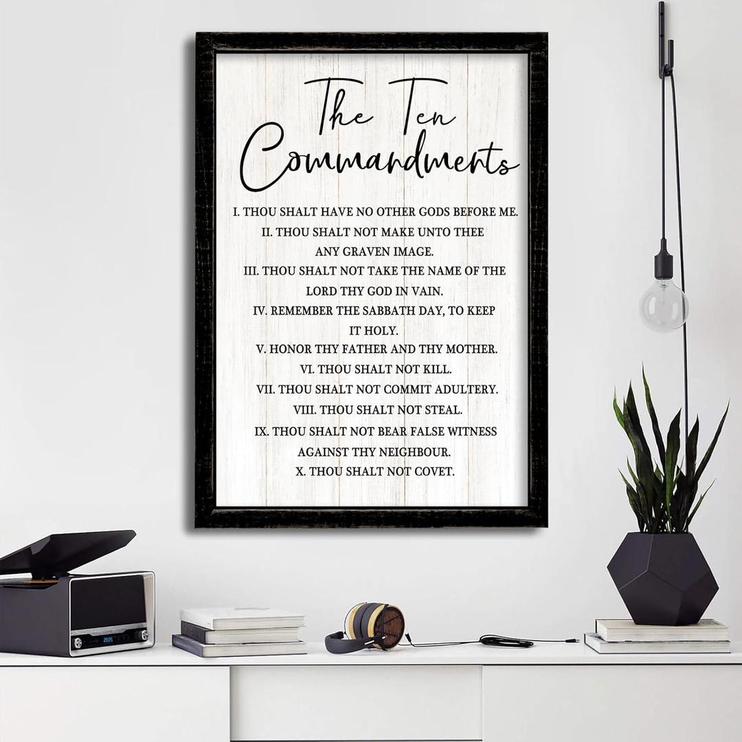 The Ten Commandments Rustic Bible Verse Framed Wall Art, 16''×24'' Narrow Holy Religious Christian Saying Sign for God Jesus Christ Prayer, Vintage Positive Inspirational Catholic Scripture Decor