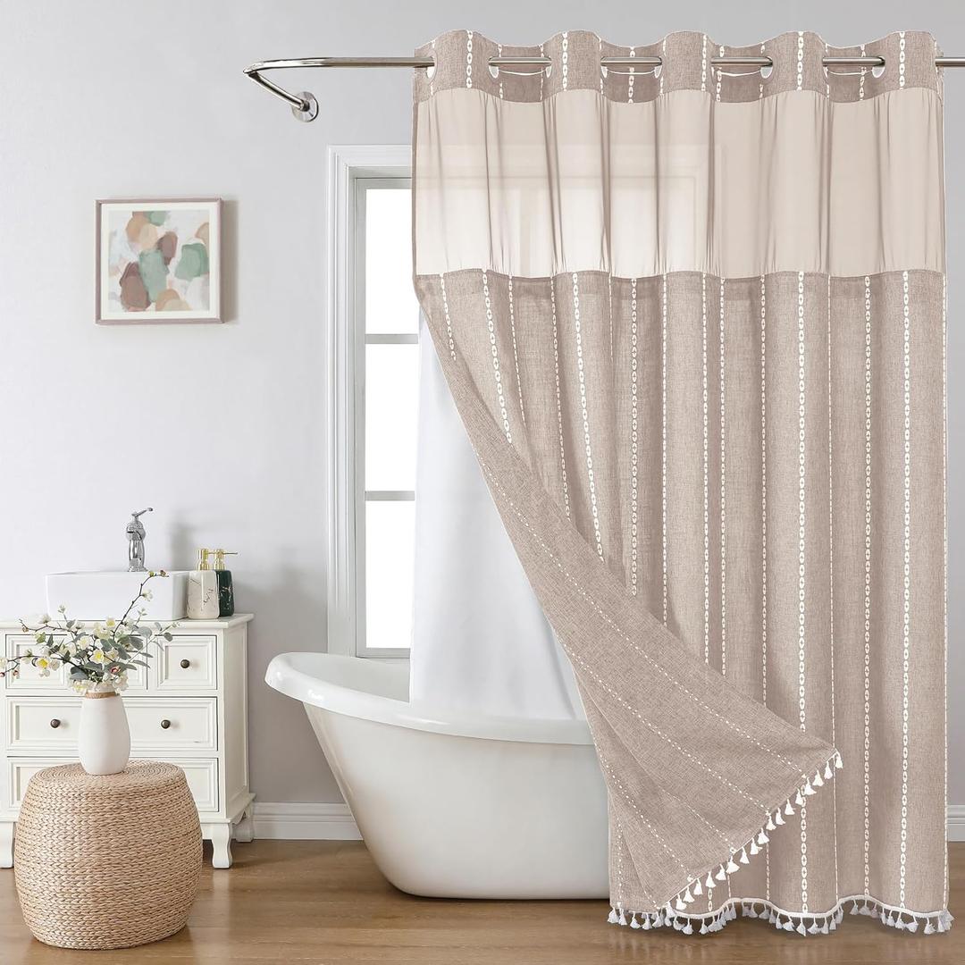No Hook Long Shower Curtain Set with Snap-in Fabric Liner,Linen Textured Thick Striped Fabric with Tassels,Boho Farmhouse Rustic Luxury Bathroom Curtain,Water-Repellent,Tan/Taupe,71x80