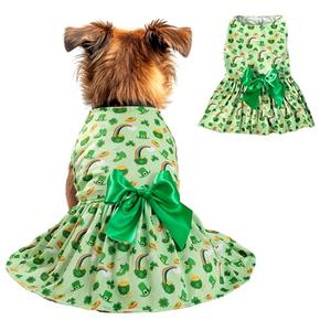 St. Patrick's Day Dog Costume Dress L, Green Clover and Horseshoe Print with Satin Bow, Pet Dress for 11-13 lbs Dogs and Cats, Festive Holiday Clothing, L