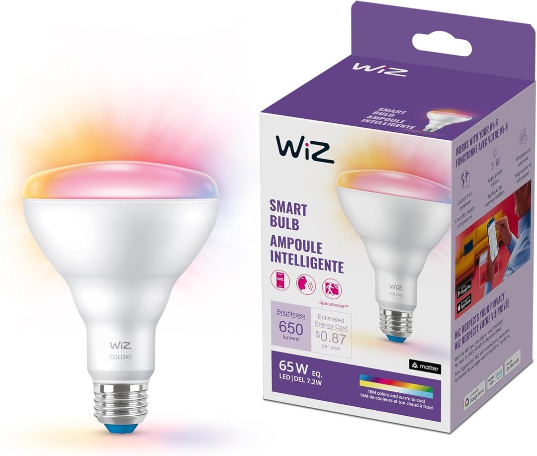 WiZ 65W BR30 Color LED Smart Bulb - Pack of 1 - E26- Indoor - Connects to Your Existing Wi-Fi - Control with Voice or App + Activate with Motion - Matter Compatible