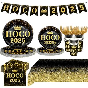 152 Pcs HOCO Party Supplies Homecoming Decorations Black and Gold 2025 Tableware Serve 25 Guest Include Cups Plates Forks Napkins Banner Tablecloth for School Celebration