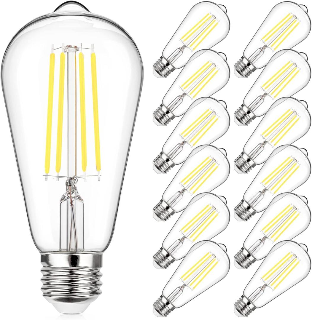 MAXvolador Vintage LED Edison Bulb 60W Equivalent 800LM, 6W ST58 LED Filament Light Bulb, Daylight White 5000K, E26 Base, Non-Dimmable, Pack of 12