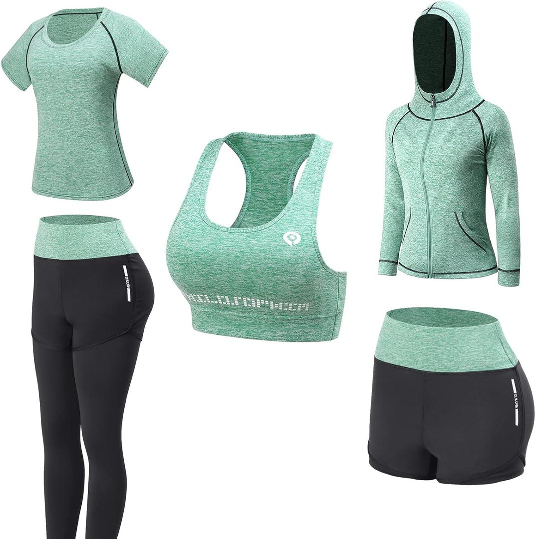 Women Workout Clothes Set 5 PCS Exercise Athletic Outfits Set (Green)