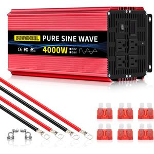 SUNWHEEL 4000W Pure Sine Wave Inverter, Solar Off-Grid Inverter, 12V DC to 110V 120V AC for RV、Microwave、Truck、Refrigerator、Freezer、TV、Air Conditioner with 4 AC outlets and LCD Display