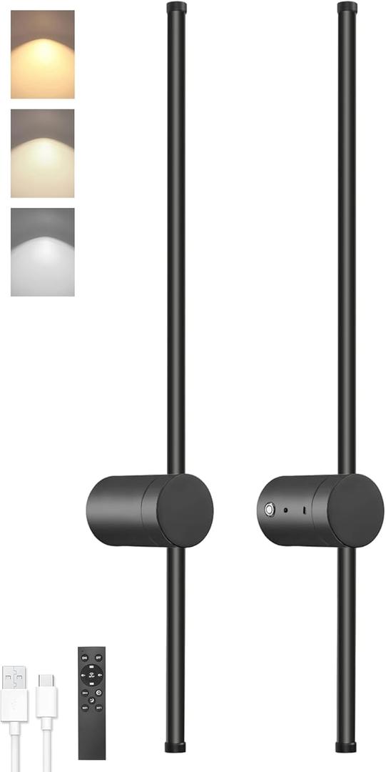 BLUEYE 39-Inch Battery Operated Wall Sconce Set of Two,Remote Control,3CCT,Aluminum,60W Equivalent Rechargeable Picture Light,Aesthetic Decor,For Living room,Hallway,Bedroom,Non-Hardwired/Power outage (Black)