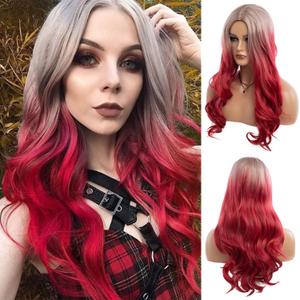 Long Curly Wavy Silver Grey to Red Wig Middle Part Natural Looking Synthetic Cosplay Wig for Women