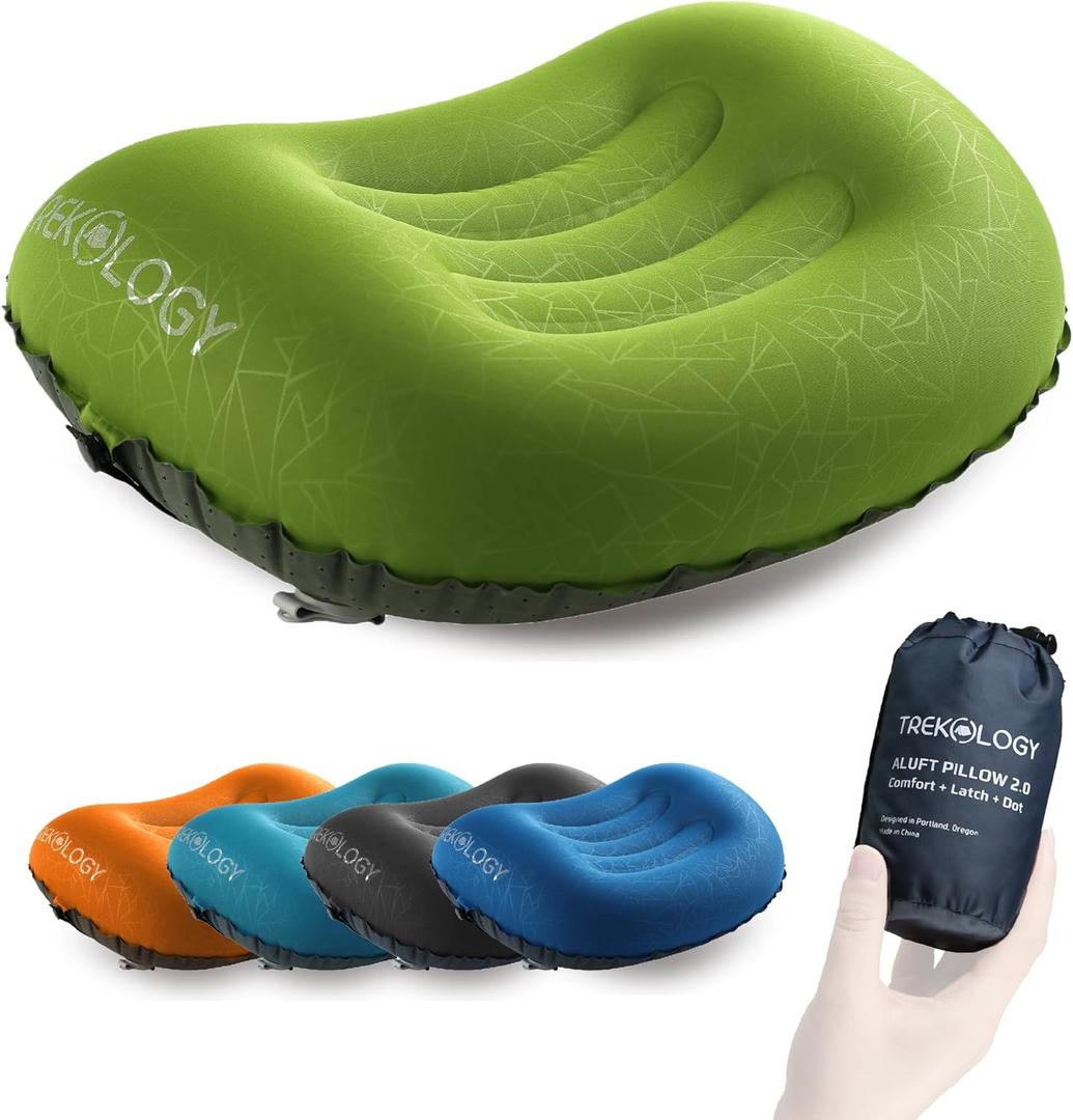 TREKOLOGY Ultralight Inflatable Camping Travel Pillow - ALUFT 2.0 Compressible, Compact, Comfortable, Ergonomic Inflating Pillows for Neck & Lumbar Support While Camp, Hiking, Backpacking (Green)