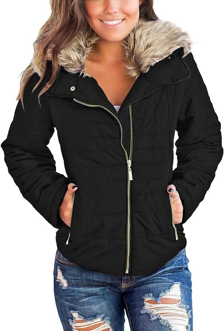 Vetinee Women Casual Faux Fur Lapel Zip Pockets Quilted Parka Jacket Puffer Coat, 2XL