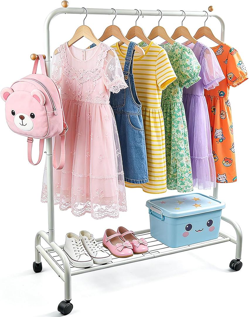 AMDBHC Kids Clothing Rack with Wheels and Bottom Storage Shelf Baby Dress up Rack for Hanging Clothes White Metal