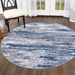 SIILOOM 5' Round Rug Washable Rug for Entryway, Navy Blue Gray Neutral Multi Soft Non-Slip Area Rugs Modern Abstract Low-Pile Carpet, Neutral Vintage Circle Rugs for Living Room Dining Bedroom Foyer