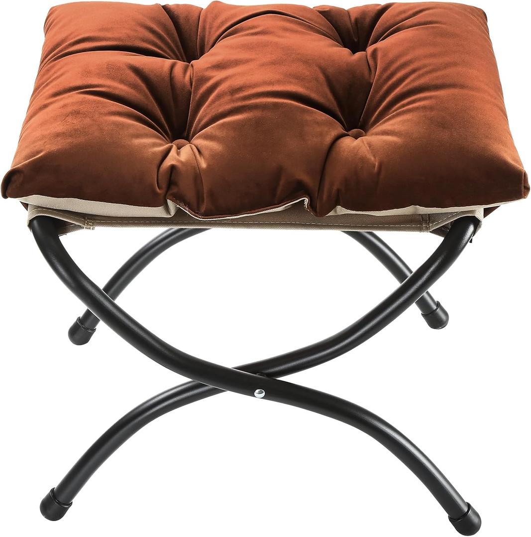 15" Foldable Foot Stool Ottoman with Metal Frame - Washable Brown Upholstered Indoor/Outdoor Footrest for Living Room, Bedroom, Patio - Space-Saving Compact Design, Small