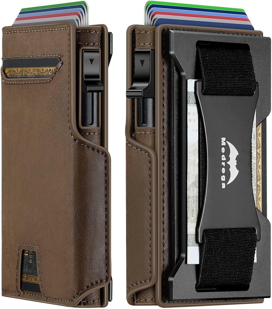 Smart Wallet for Men RFID: Leather Rugged Pop Up Card Wallets with Cash Strap - Heavy Duty Minimalist Magnetic Bifold Credit Card Holder - Gift for Man Husband at Anniversay Brithday (Leather Brown J7)