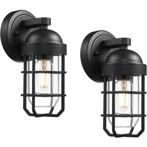 Emliviar Farmhouse Outdoor Wall Light, 2 Pack Wall Light Fixtures with Clear Tempered Glass, Black Finish, GE255B-2PK BK (9.4 Inch - 2 Pack)