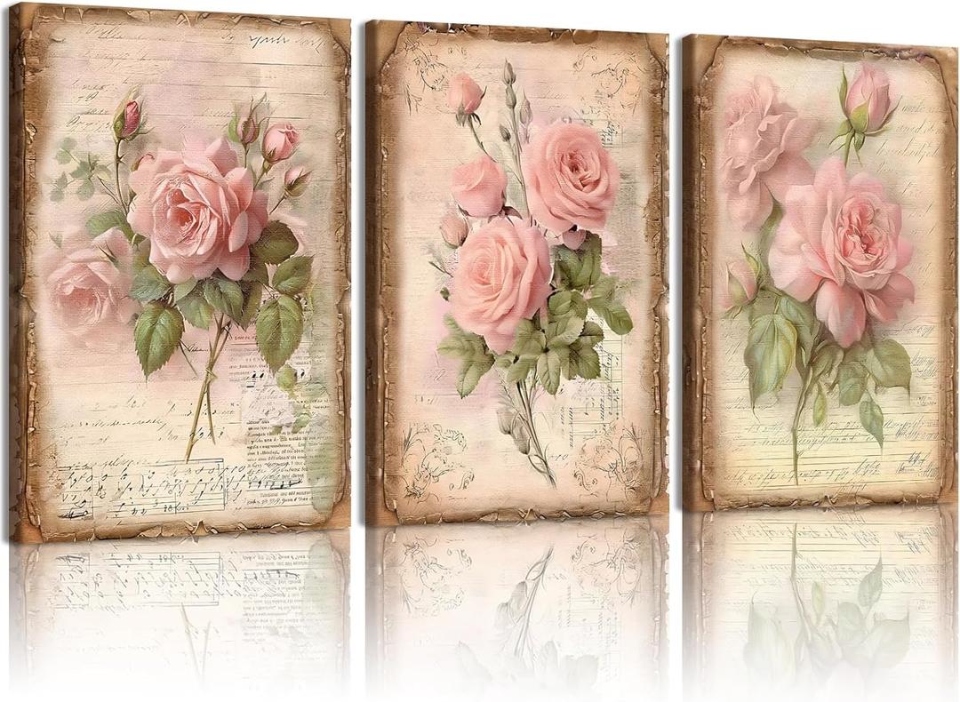 EEYNAQQ 3 Pcs Vintage Pink Rose Canvas Wall Art Shabby Chic Floral Posters Prints 12x16 Inch Still Life Plants Art Aesthetics Framed Canvas Print Wall Decor for Living Room Bedroom Office Kitchen