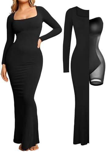 Popilush Women's Long Sleeve Maxi Dress Built-in Shapewear Bra Square Neck Fall Formal Wedding Guest Cocktail Bodycon Dresses, Large