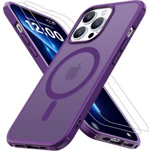 Magnetic for iPhone 13 Pro Case [Compatible with MagSafe]with 2X Screen Protector, Military-Grade Slim Shockproof Phone Cover Translucent Matte Anti-Fingerprint for iPhone 13 Pro 6.1'', Purple
