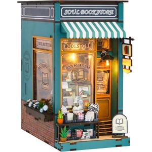 CRIOLPO DIY Book Nook Kit, Miniature House Model, Charming Bookshelf Scene, Wooden Dolls House, Bookshelf Miniature Scenes, for Hobbyists and Decor - Soul Bookstore