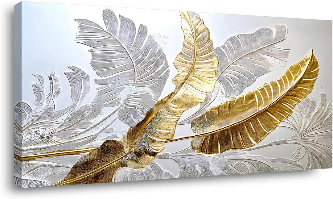 Gold Silver Leaf Canvas Wall Art Golden Silver Palm Leaves Art Painting Abstract Leaf Landscape Painting Textured Modern Aesthetic Nature-Inspired Metallic Leaf Picture Artwork for Living Room, Bedroom & Office, Ready to Hang (16x32 Inches)