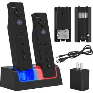 Remote Controller Charger for Wii/Wii U with 2 Pack 2800mAh Rechargeable Battery Pack, 2 Port Charging Station for Wii Controller, Remotes are not Included (5.1 * 2.3 inches, Black)