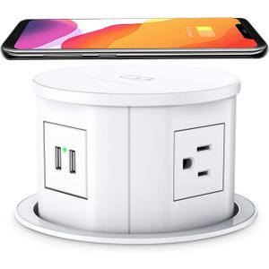 ANNQUAN Automatic Pop Up Countertop Outlet with 15W Wireless Charger,4 Outlets,2 USB Ports,4.75" Pop Up Electrical Outlet,Home Office Power Supply,Suit Kitchen Island RV Office Conference Table (White)