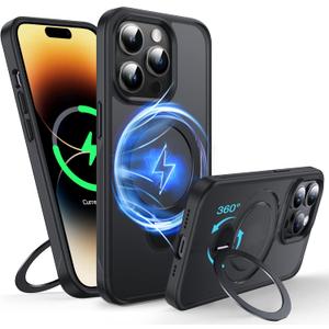 360°Rotatable Magnetic Ring for iPhone 14 Pro Max Case Compatible with MagSafe [Non-slip Texture Edge][Built-in Kickstand][Military Shockproof]Translucent Matte Soft Silicone Bumper Slim,Black