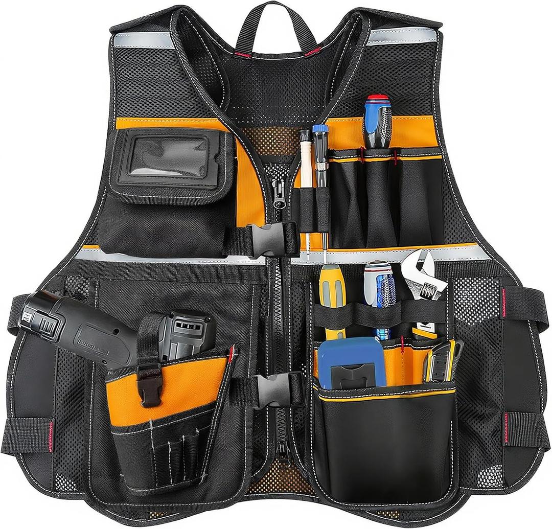 Tool Vest, Electrician Tool Vest for Men, 17 Compartments, Reflective Workwear with Drill Holster, Adjustable Waist & Upgraded Comfortable Neck Opening (Orange)