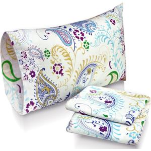 Tribeca Living Ultra-Soft Flannel Sheets King - 170-GSM Cotton, 4 Piece Deep Pocket Bed Sheet Set in Paisley Garden Print
