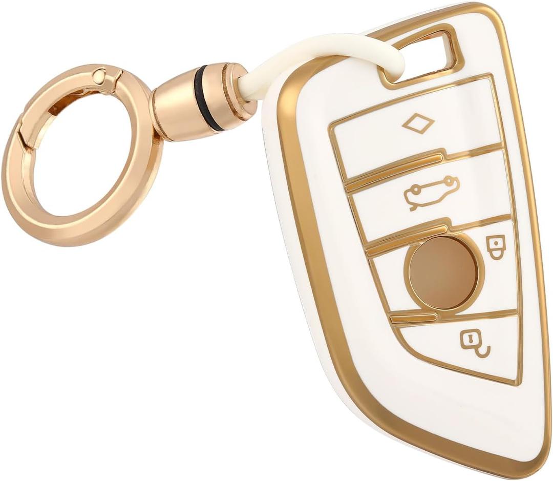 Suitable for BMW Key Fob Cover, Soft TPU Full Protection Key Case with Keychain for BMW X1 X2 X3 X5 X6 X7 and 2 5 6 7 Series Key Fob Holder, Gold White