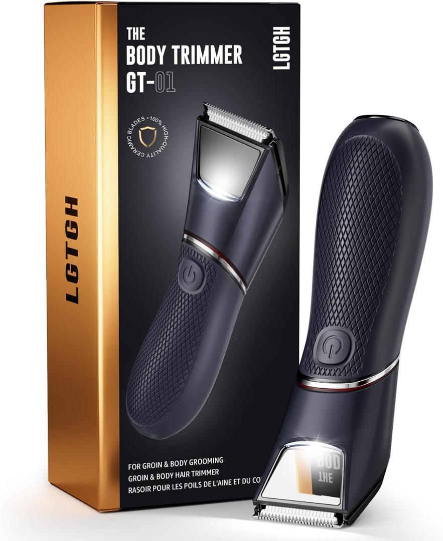 Rechargeable Body Trimmer for Men: Pubic Hair Trimmer with Mirror & LED, IPX7 Waterproof Electric Shaver for Pubic Hair, Ceramic Blades, 90-Min Battery, Travel Lock