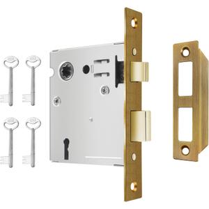 Mortise Lock Set Interior Door, Old Door Lock Replacement Parts, Antique Vintage Door Lock Hardware, Skeleton Keys and Reversible Latch, Mortise Lock Kit, Antique Brass Finish (1 Pack)