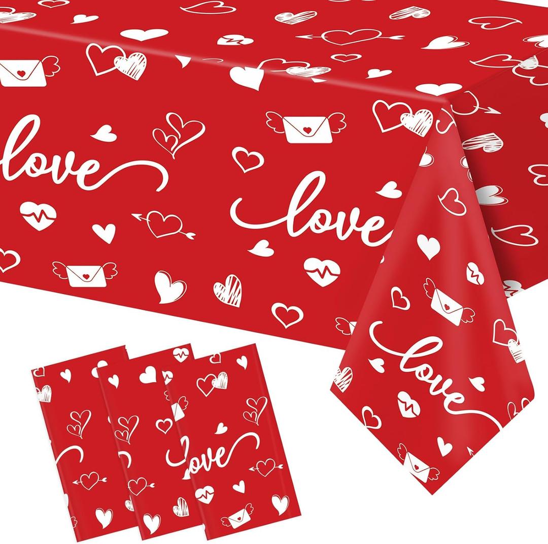 3 Pack Valentine Tablecloth 5484 Inch Rectangle, Red Pink Heart Fabric Table Cloth Disposable Rectangle Table Cover for Wedding Valentines Tables Decorations