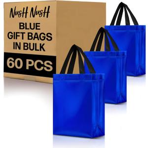 Nush Nush Shiny Blue Gift Bags Bulk Medium Size  Set of 60 Reusable Gift Bags With Handles - Ideal for Party Favors, Goodies, Birthday Parties, Small Business, Christmas and Holidays  8Wx4Dx10H