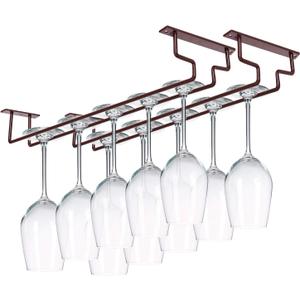 MOCOUM 2 Pack 15.6" Wine Glass Rack Under Cabinet Stemware Rack, Hanger Hold Up To 10 Wine Glasses for Cabinet Kitchen Bar (Brown, 2 pack)
