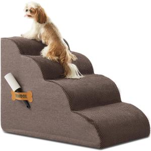 ROMROL Dog Stairs, Romrol Dog Steps Ramp for High Bed and Couch, Dog Ramp with Durable Non-Slip Waterproof Fabric Cover, Pet Stairs for Small Dogs and Cats or Pets Joints, 4-Tiers,Coffee