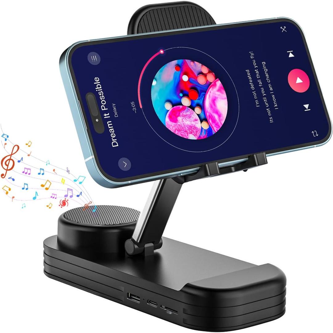 Cell Phone Stand with Wireless Bluetooth Speaker & Anti-Slip Base,HD Surround Sound,Portable Phone Stand,Suitable for Home & Outdoor,Compatible with iPhone,iPad and Samsung GalaxyBlack