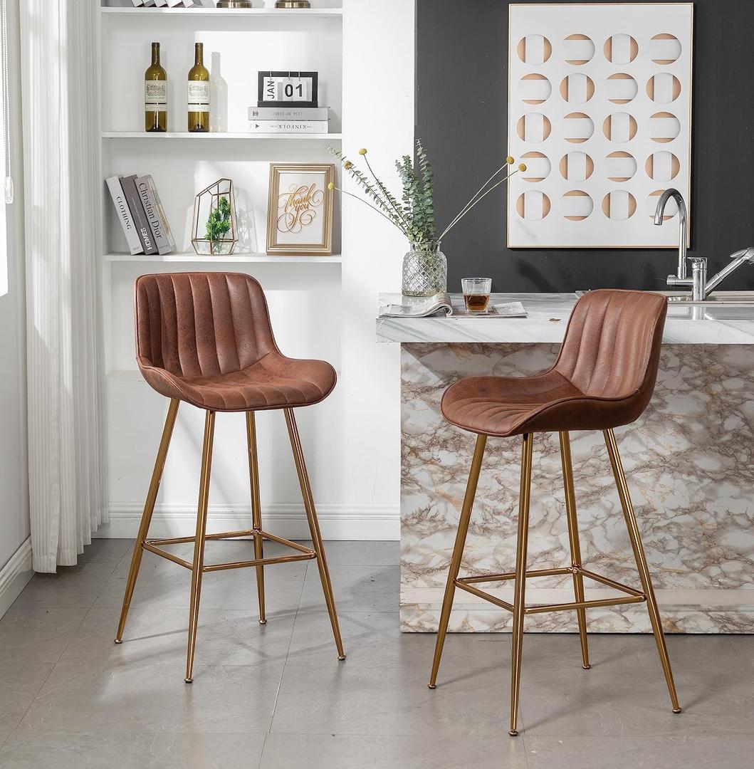 Sidanli Velvet Bar Stools Set of 2, Armless Bar Chairs with Gold Metal Legs, 29inch Counter Height Kitchen Island Stools with Back, Brown