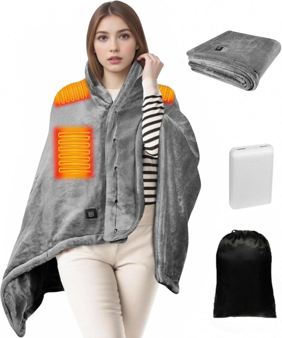 Cordless Heated Blanket - Wearable Heated Blanket Battery Operated with 10000mAH Power Bank, 3 Heat Settings USB Electric Throw Shawls for Home, Office, Outdoor Travel (Grey)