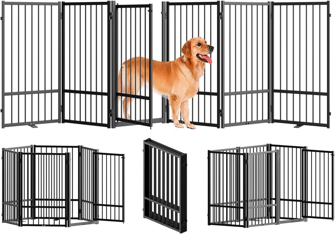 Full Metal Freestanding Dog Gate with Door, 32''Height Foldable Pet Dog Fence for Indoor & Outdoor, 6 Panels Extra Wide Free Standing Tall Dog Gates for Doorways,House,Stairs,Porch,Deck,Yard (Black)