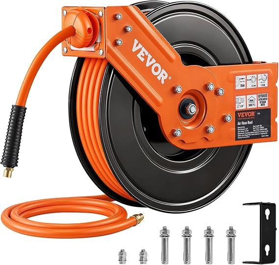 VEVOR Retractable Air Hose Reel 3/8 IN x 50 FT Hybrid Air Hose Max 300PSI
5ft Lead in, Ceiling/Wall Mount, Single Arm, Heavy Duty Steel Air Compressor Hose Reel